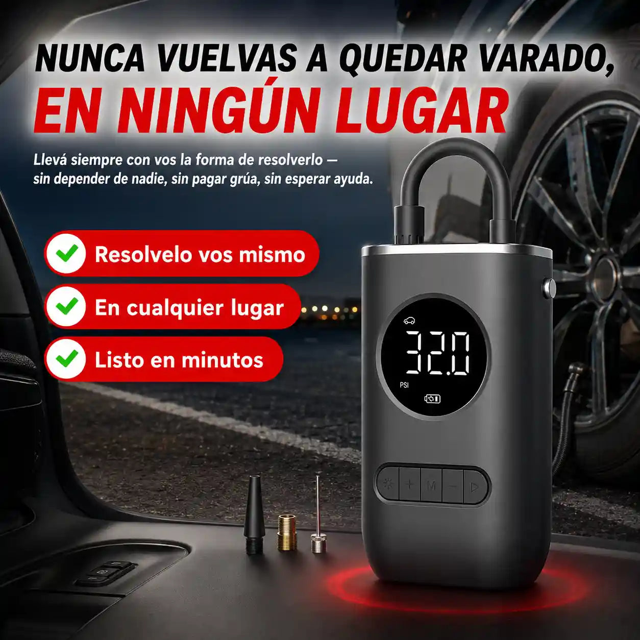 Inflador de Llantas de Bolsillo — Resuelto al Instante