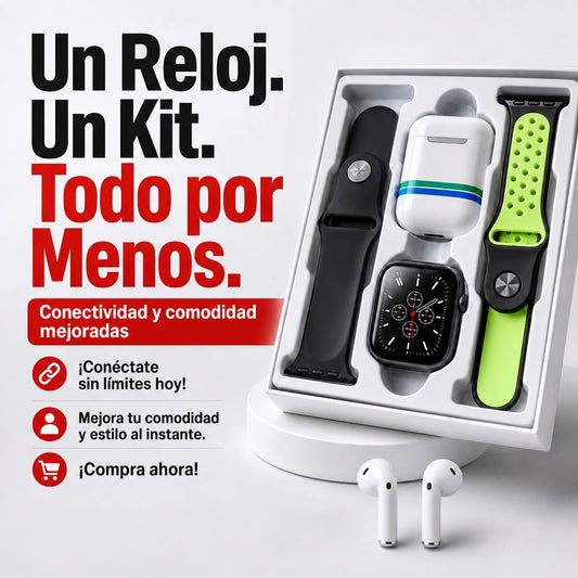 Kit Reloj Inteligente Todo Incluido — Reloj, Audífonos y 2 Looks en Una Sola Caja