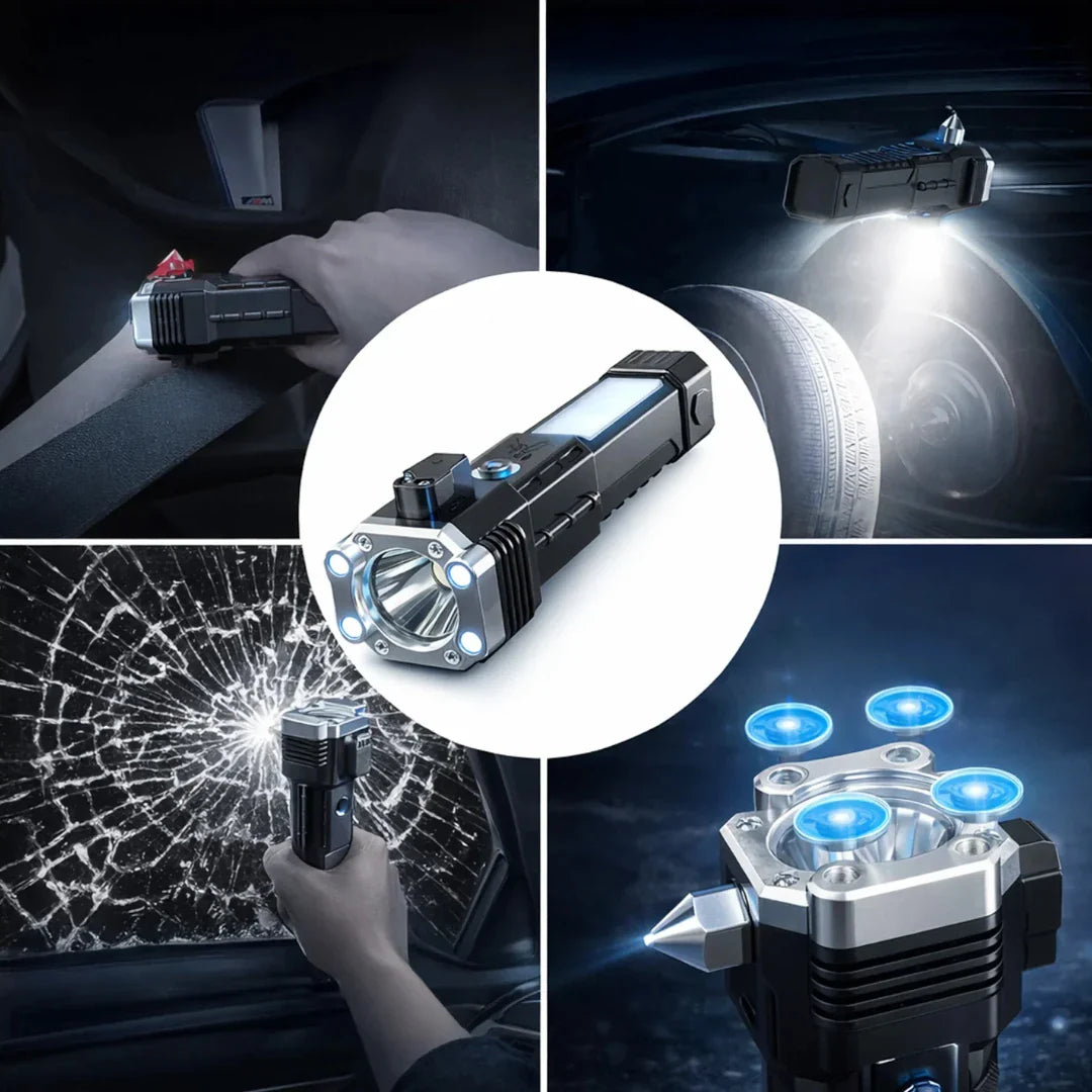 Linterna LED recargable de 3 W: haz de luz de largo alcance, herramienta de seguridad para emergencias en el coche, rompecristales, imán, 4 modos de iluminación